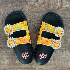 Yellow Floral Slide Sandals with Rhinestone Buckle